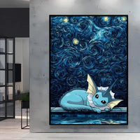 A stunning Van Gogh Pokemon Wall Art piece featuring Pikachu painted in a Starry Night impressionist style for unique home decoration.