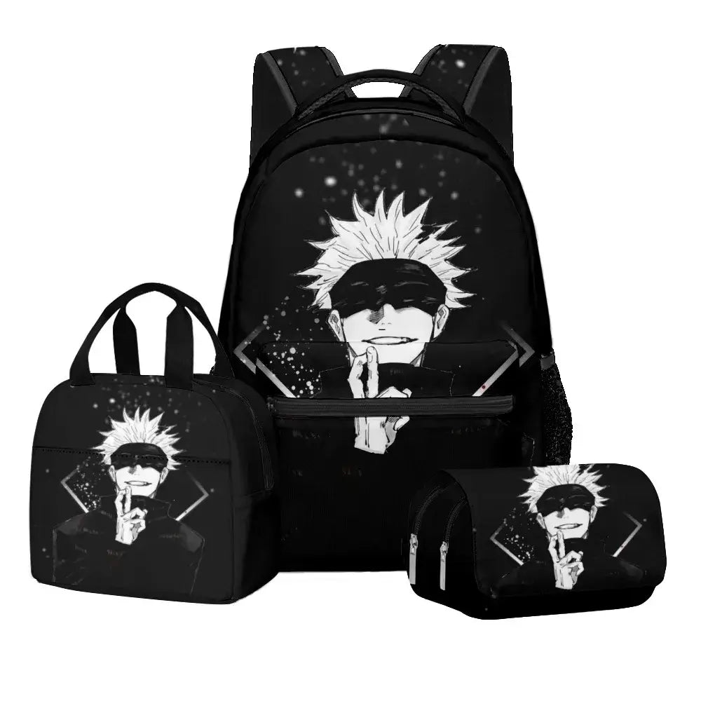 A 3-piece Jujutsu Kaisen Backpack Set featuring a digital print schoolbag, thermal lunch bag, and 2-layer pencil case for boys.