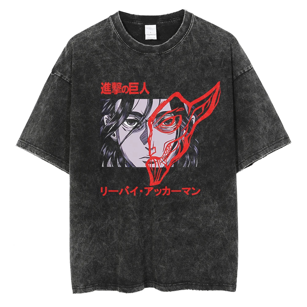 A vintage-washed Eren Jaeger T-Shirt featuring a gritty Attack on Titan manga graphic, styled as oversized Harajuku streetwear for men and women.