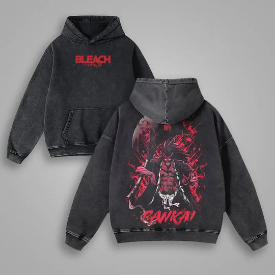 Kenpachi Zaraki Bleach Vintage Washed Hoodie featuring bold graphics and a streetwear style.