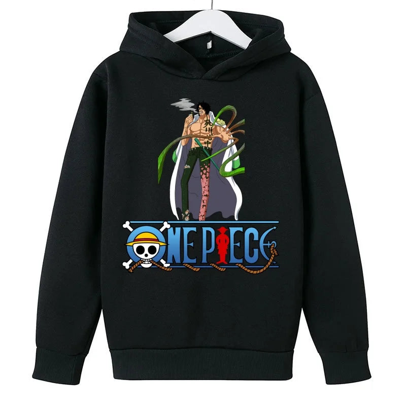 A trendy One Piece Kids Hoodie featuring cartoon graphic prints of Luffy and Zoro, designed as a casual spring and autumn pullover for children.