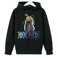 A trendy One Piece Kids Hoodie featuring cartoon graphic prints of Luffy and Zoro, designed as a casual spring and autumn pullover for children.