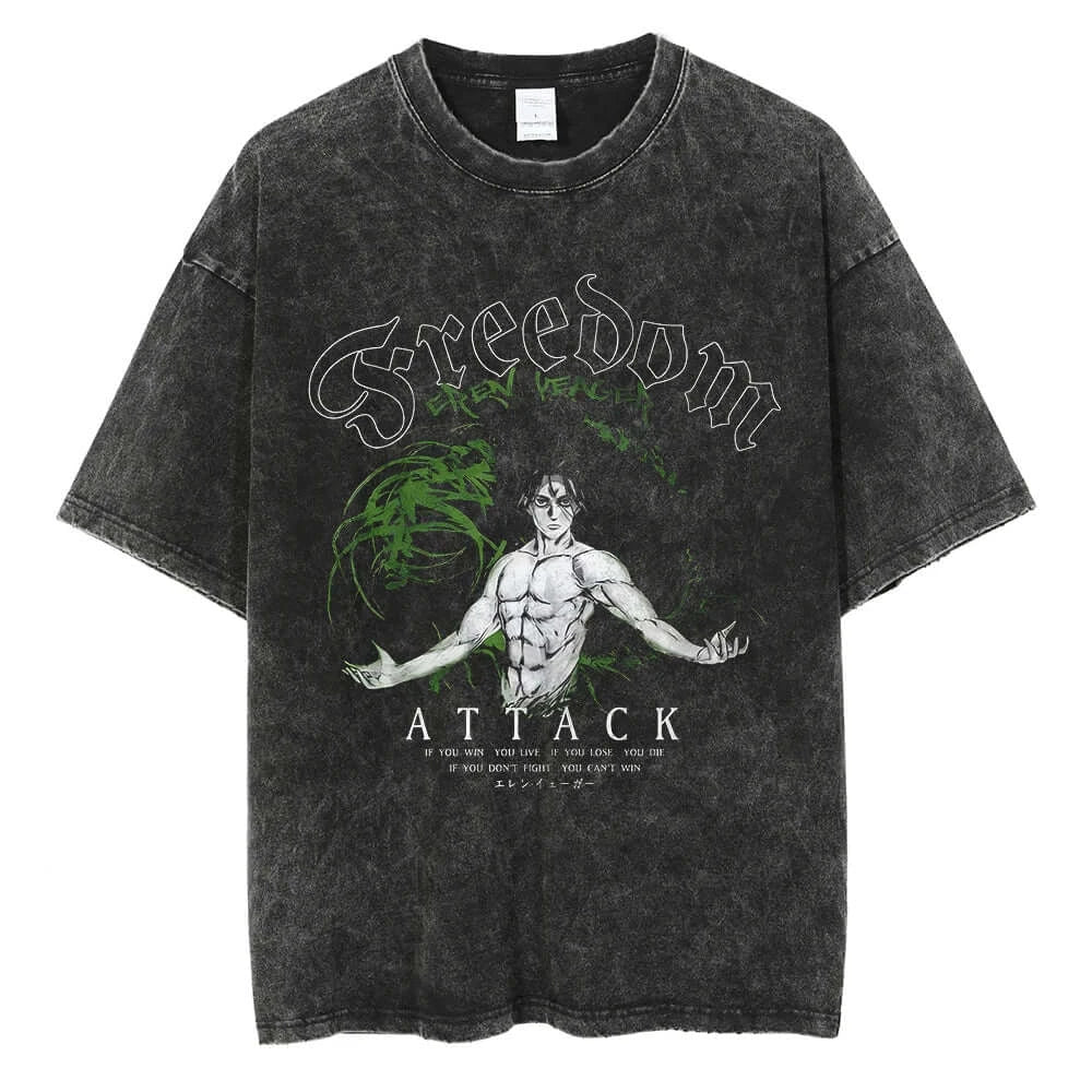 A vintage-washed Eren Jaeger T-Shirt featuring a gritty Attack on Titan manga graphic, styled as oversized Harajuku streetwear for men and women.
