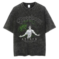 A vintage-washed Eren Jaeger T-Shirt featuring a gritty Attack on Titan manga graphic, styled as oversized Harajuku streetwear for men and women.