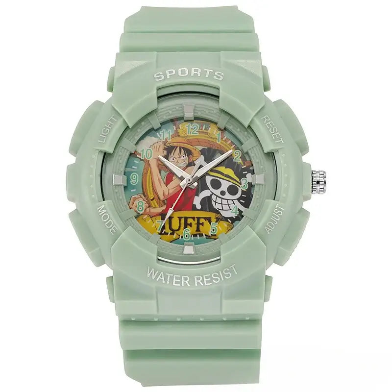 A waterproof One Piece Electronic Watch featuring colorful Monkey D. Luffy anime character art on a durable sports wristband for children.
