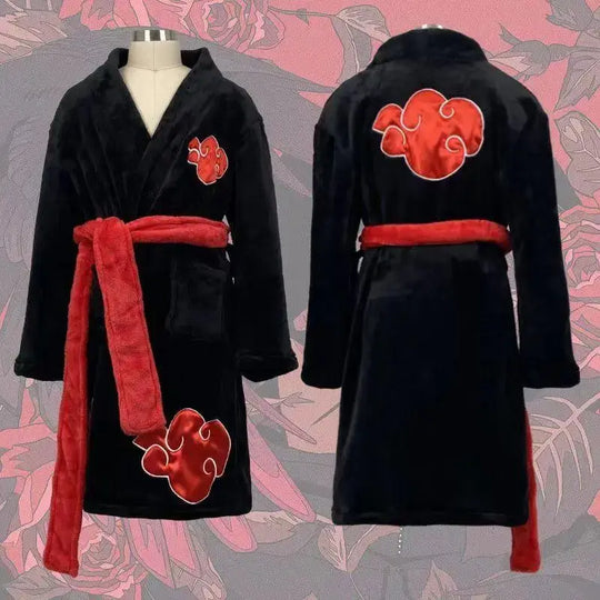 A thick flannel Naruto Akatsuki Robe featuring red clouds and Uchiha Itachi anime styling, designed as a thermal winter bathgown for young adults.