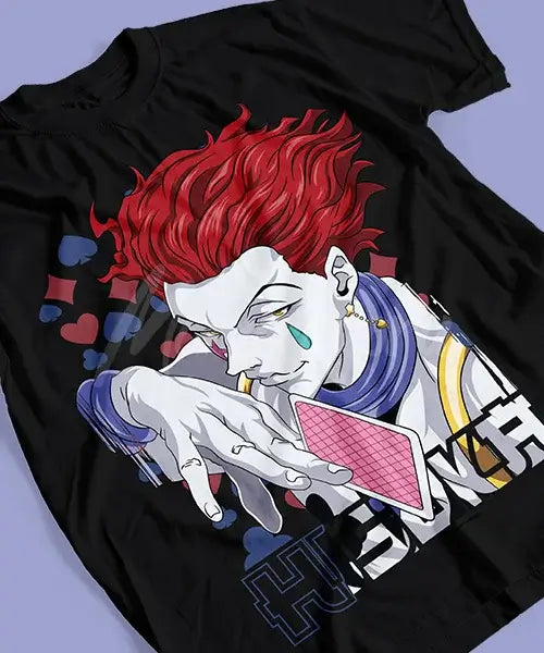A trendy Hisoka Morow T-shirt featuring a dynamic graphic print of the Hunter x Hunter magician holding a playing card, designed for unisex anime streetwear.