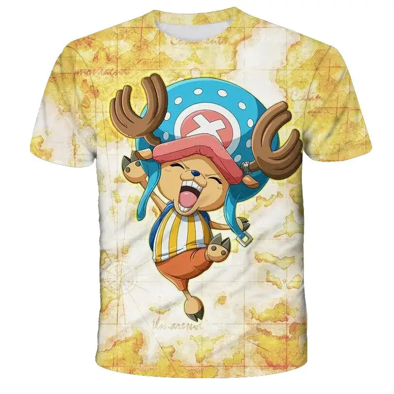 A 3D printed One Piece Luffy T-Shirt featuring a dynamic cartoon cosplay graphic of Monkey D. Luffy for boys' summer fashion.