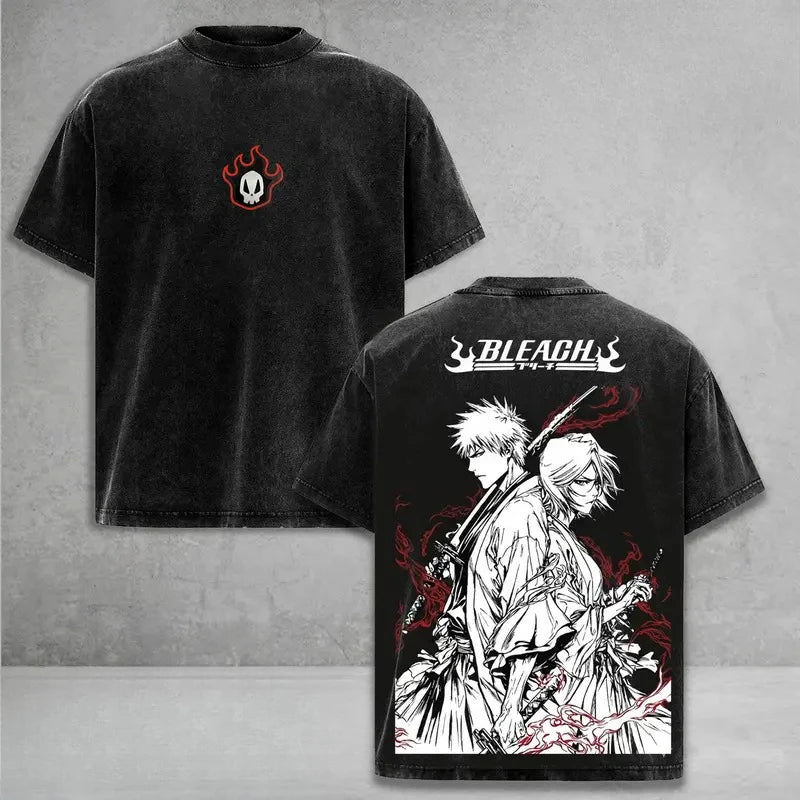Ichigo Rukia Bleach Washed Oversized T-Shirt Cotton Tee