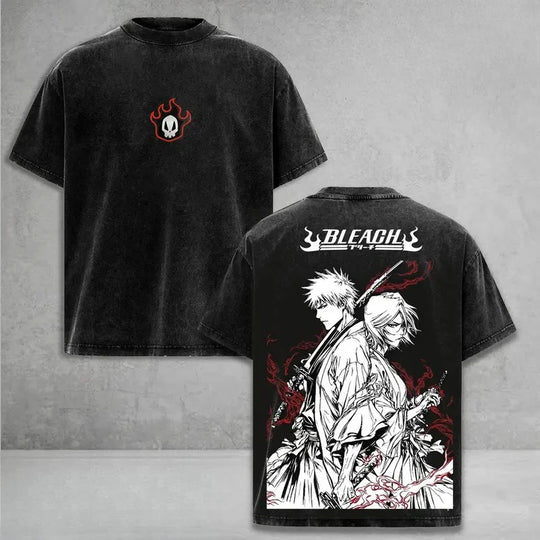 Ichigo Rukia Bleach Washed Oversized T-Shirt Cotton Tee