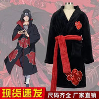 A thick flannel Naruto Akatsuki Robe featuring red clouds and Uchiha Itachi anime styling, designed as a thermal winter bathgown for young adults.
