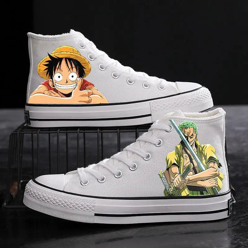 Trendy One Piece Canvas Shoes featuring colorful graffiti art of Luffy, Zoro, and Portgas D. Ace for casual men's and women's fashion.