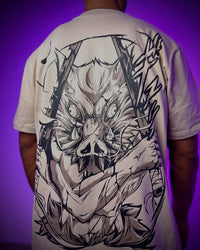 A couple wearing matching oversized Demon Slayer Graphic T Shirts in a hip hop, Y2K streetwear style.