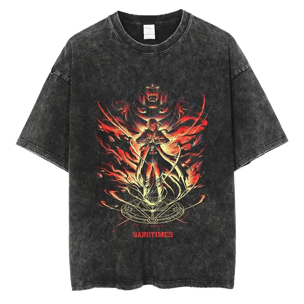 Fullmetal Alchemist Vintage Washed Hip Hop T-Shirt featuring a bold design with vibrant colors and anime-inspired graphics.