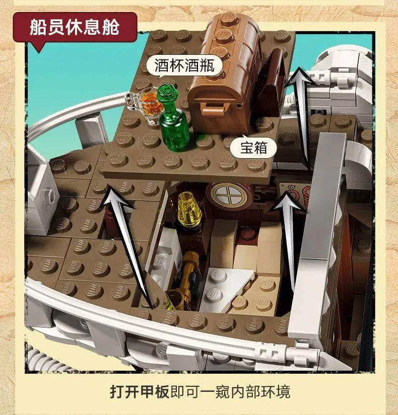 A detailed One Piece Going Merry Building Blocks set featuring the Straw Hat Pirate Ship, designed as an assembly model toy for children and collectors.