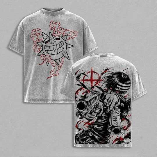 Death the Kid Soul Eater Vintage Washed T-Shirt with graphic art design on front and back, oversized cotton tee in gray.