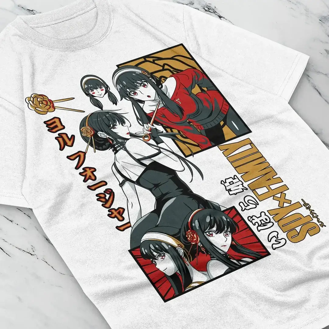 A stylish Yor Forger T-Shirt featuring black and white manga graphic art of the Thorn Princess from Spy x Family, designed as oversized women's streetwear.