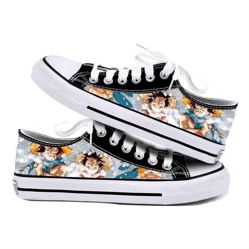 One Piece Anime Low Top Canvas Sneakers flat lay pair printed anime canvas couple birthday gift