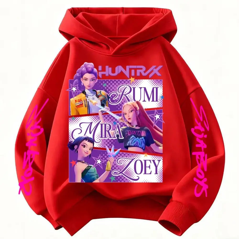 A fashionable KPop Demon Hunters Hoodie featuring the Huntrix design, a spring and autumn sweatshirt for boys and girls.
