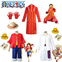 An adult wearing the 5-style Anime Monkey D Luffy Cosplay Costume from the Egghead arc, including the coat and hat.