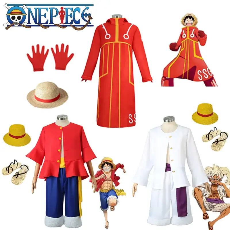 An adult wearing the 5-style Anime Monkey D Luffy Cosplay Costume from the Egghead arc, including the coat and hat.