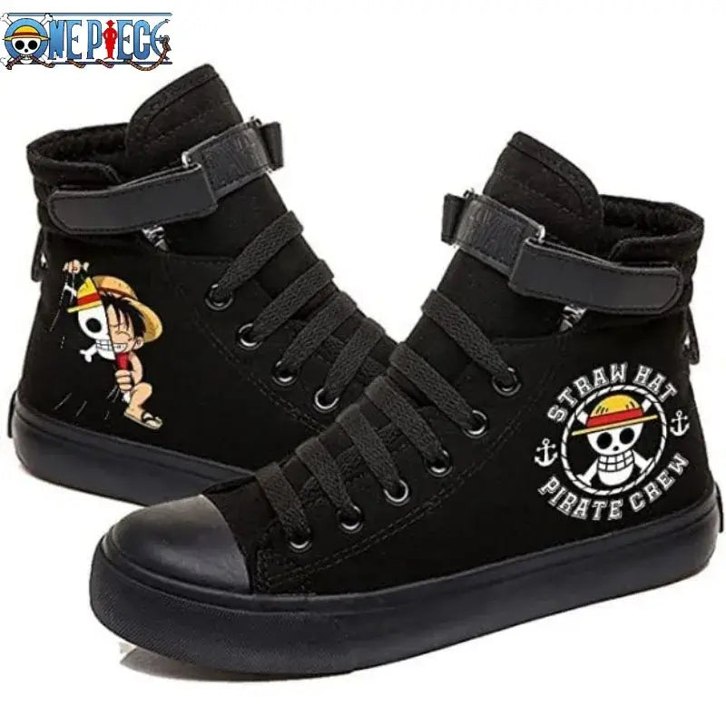 Trendy One Piece Luffy High Top Shoes featuring anime character art, designed as breathable non-slip leisure sports sneakers for students.
