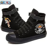 Trendy One Piece Luffy High Top Shoes featuring anime character art, designed as breathable non-slip leisure sports sneakers for students.