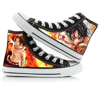Trendy One Piece High-Top Canvas Shoes featuring creative anime pictures of Luffy, Zoro, Ace, and Chopper for men and women.