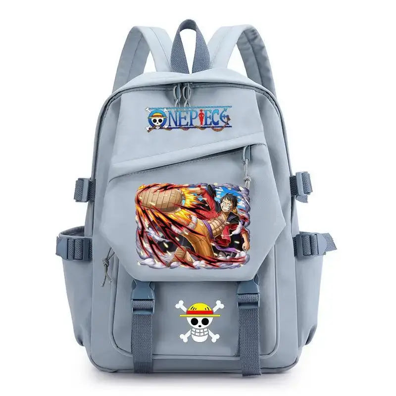 A lightweight canvas One Piece Backpack featuring kawaii anime characters, suitable for school, travel, and carrying a laptop computer.