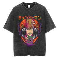 A vintage-washed black Chainsaw Man T-Shirt made of soft cotton, featuring a Denji graphic print, designed as oversized Harajuku streetwear.