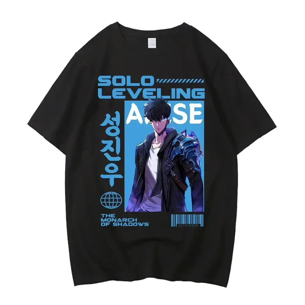 A high-quality Japanese Anime Solo Leveling T Shirt with a Sung Jinwoo cartoon graphic in a Harajuku short sleeve style.