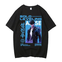 A high-quality Japanese Anime Solo Leveling T Shirt with a Sung Jinwoo cartoon graphic in a Harajuku short sleeve style.