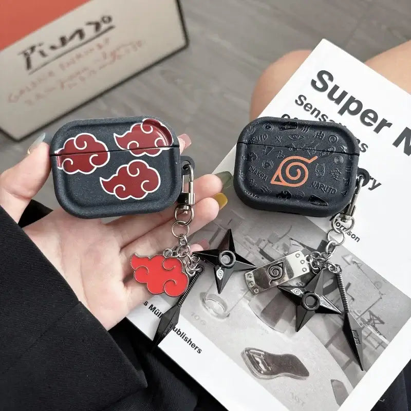 Naruto Akatsuki AirPods Case Shuriken Pendant hard plastic protective cover with Akatsuki cloud logo reflective anti-scratch fits AirPods 1 2 3 4 Pro Pro2