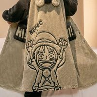 A plush One Piece Luffy Bathrobe and trouser set made of thick coral fleece, featuring cartoon anime embroidery for men's winter loungewear.