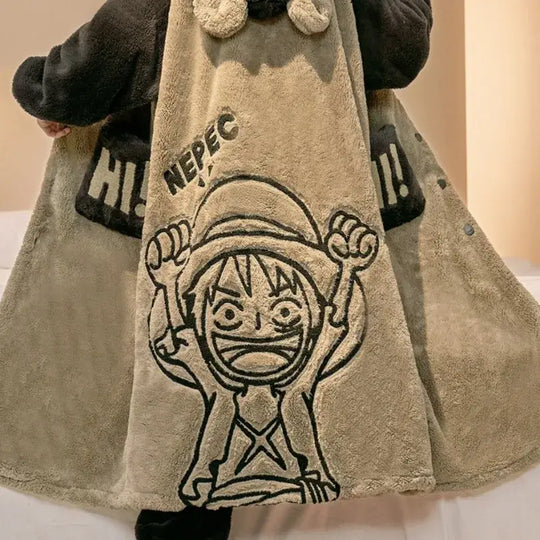 A plush One Piece Luffy Bathrobe and trouser set made of thick coral fleece, featuring cartoon anime embroidery for men's winter loungewear.