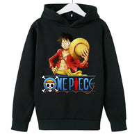 A trendy One Piece Kids Hoodie featuring cartoon graphic prints of Luffy and Zoro, designed as a casual spring and autumn pullover for children.