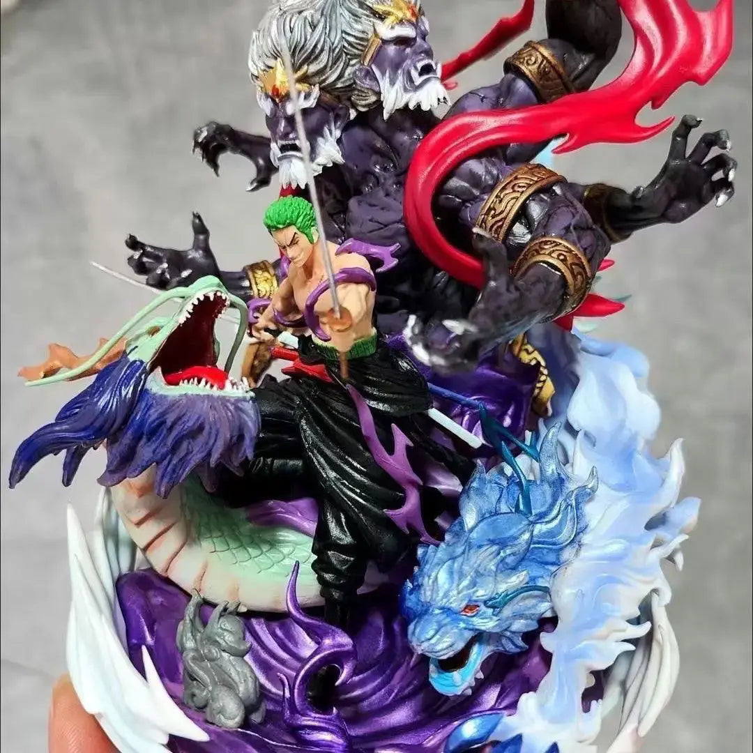 A detailed Roronoa Zoro Hell Form Figure made of PVC, showcasing the King of Hell three-sword style battle pose for anime collection.