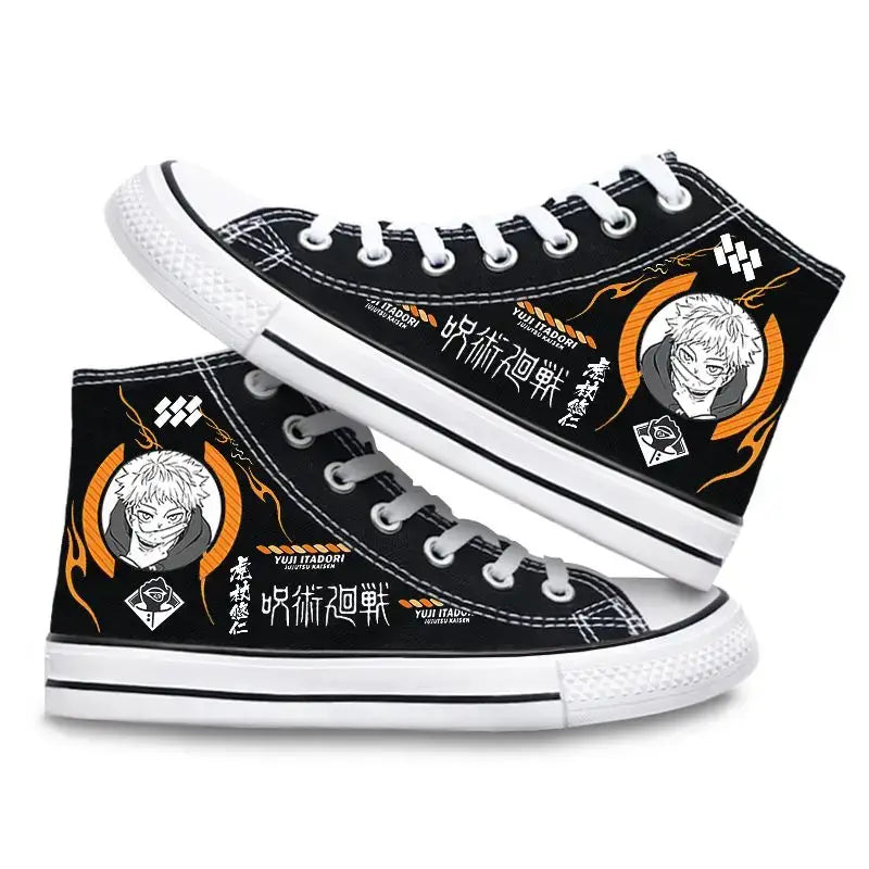 Pair of Jujutsu Kaisen Canvas Shoes featuring Gojo Satoru and Fushiguro Megumi creative cartoon patterns, designed as fashion high-top sneakers.