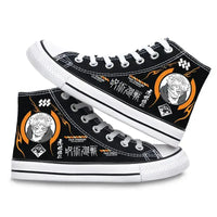 Pair of Jujutsu Kaisen Canvas Shoes featuring Gojo Satoru and Fushiguro Megumi creative cartoon patterns, designed as fashion high-top sneakers.
