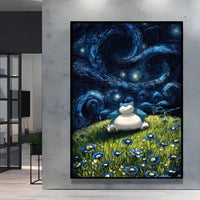 A stunning Van Gogh Pokemon Wall Art piece featuring Pikachu painted in a Starry Night impressionist style for unique home decoration.