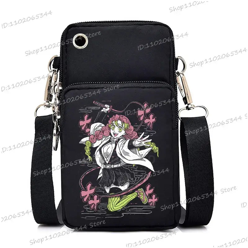 A trendy Demon Slayer Phone Bag featuring anime art of Nezuko Kamado and Mitsuri Kanroji, designed as a Harajuku mini crossbody purse for women and men.