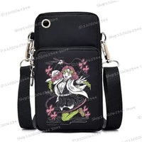 A trendy Demon Slayer Phone Bag featuring anime art of Nezuko Kamado and Mitsuri Kanroji, designed as a Harajuku mini crossbody purse for women and men.