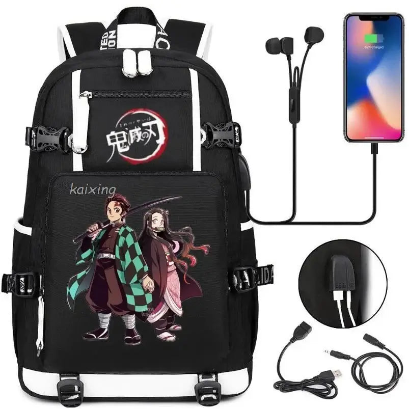 Nezuko Demon Slayer Backpack: Kawaii USB School Bag featuring cute anime art with USB charging port.