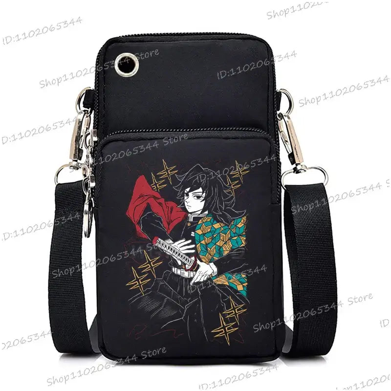 A trendy Demon Slayer Phone Bag featuring anime art of Nezuko Kamado and Mitsuri Kanroji, designed as a Harajuku mini crossbody purse for women and men.
