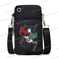 A trendy Demon Slayer Phone Bag featuring anime art of Nezuko Kamado and Mitsuri Kanroji, designed as a Harajuku mini crossbody purse for women and men.