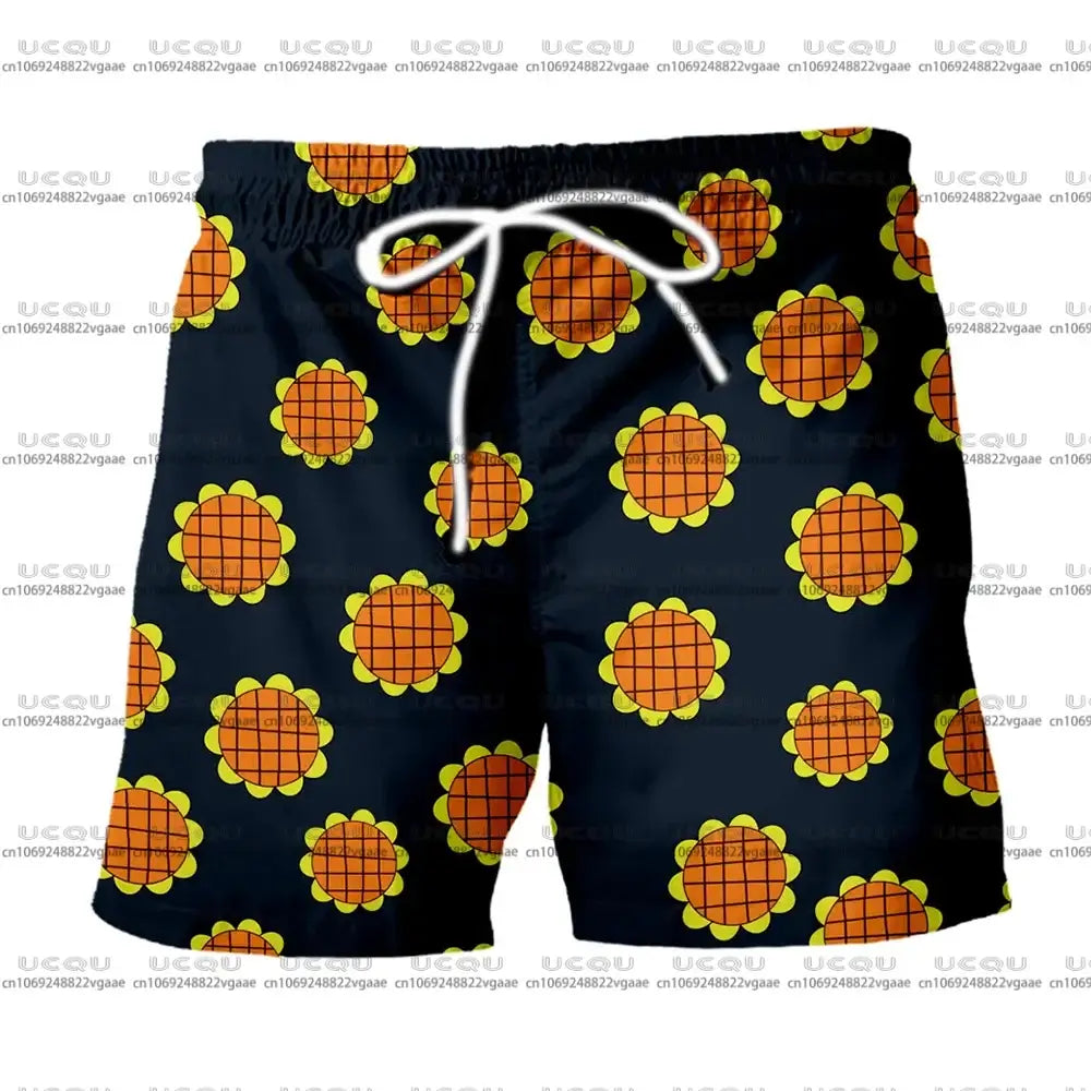 A men's and boys' sports set of Luffy Dressrosa Trousers and the sunflower One Piece Hawaiian Shirt.