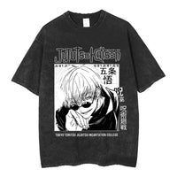 Yuji and Sukuna Split Face T-Shirt featuring a character with white spiky hair and a black mask in a stylish design.