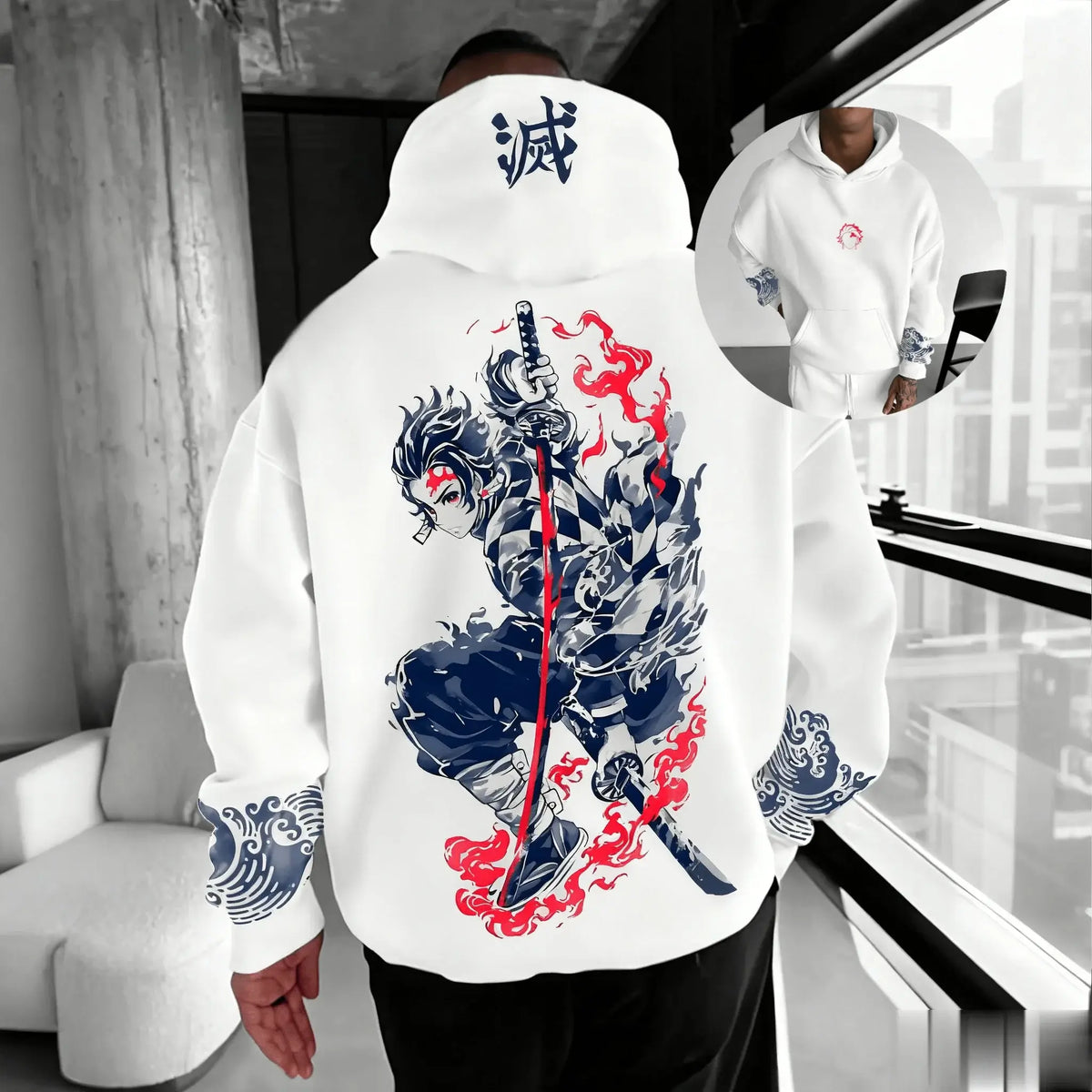 A trendy oversized Demon Slayer Hooded Sweatshirt featuring colorful anime character graphics, designed as casual autumn streetwear for men and women.