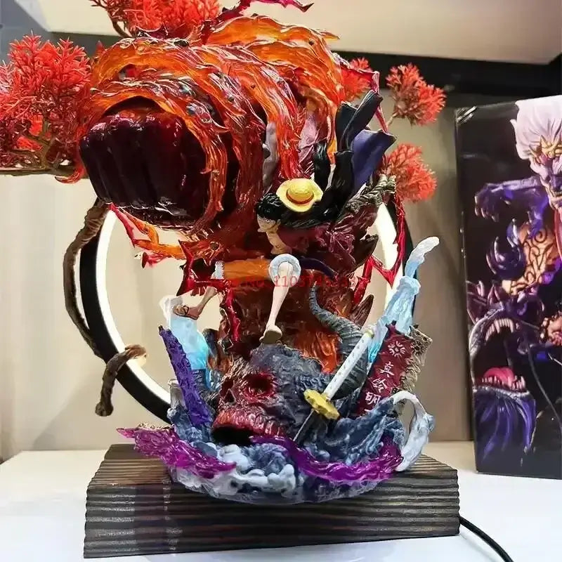 A dynamic Luffy Gear 3 Figure made of PVC, featuring glowing LED Red Roc fire effects, designed as a GK anime collectible statue.