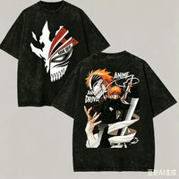 Bleach Anime Lover Vintage Washed Oversized T-Shirt featuring Ichigo and Hollow design on a vintage black background.